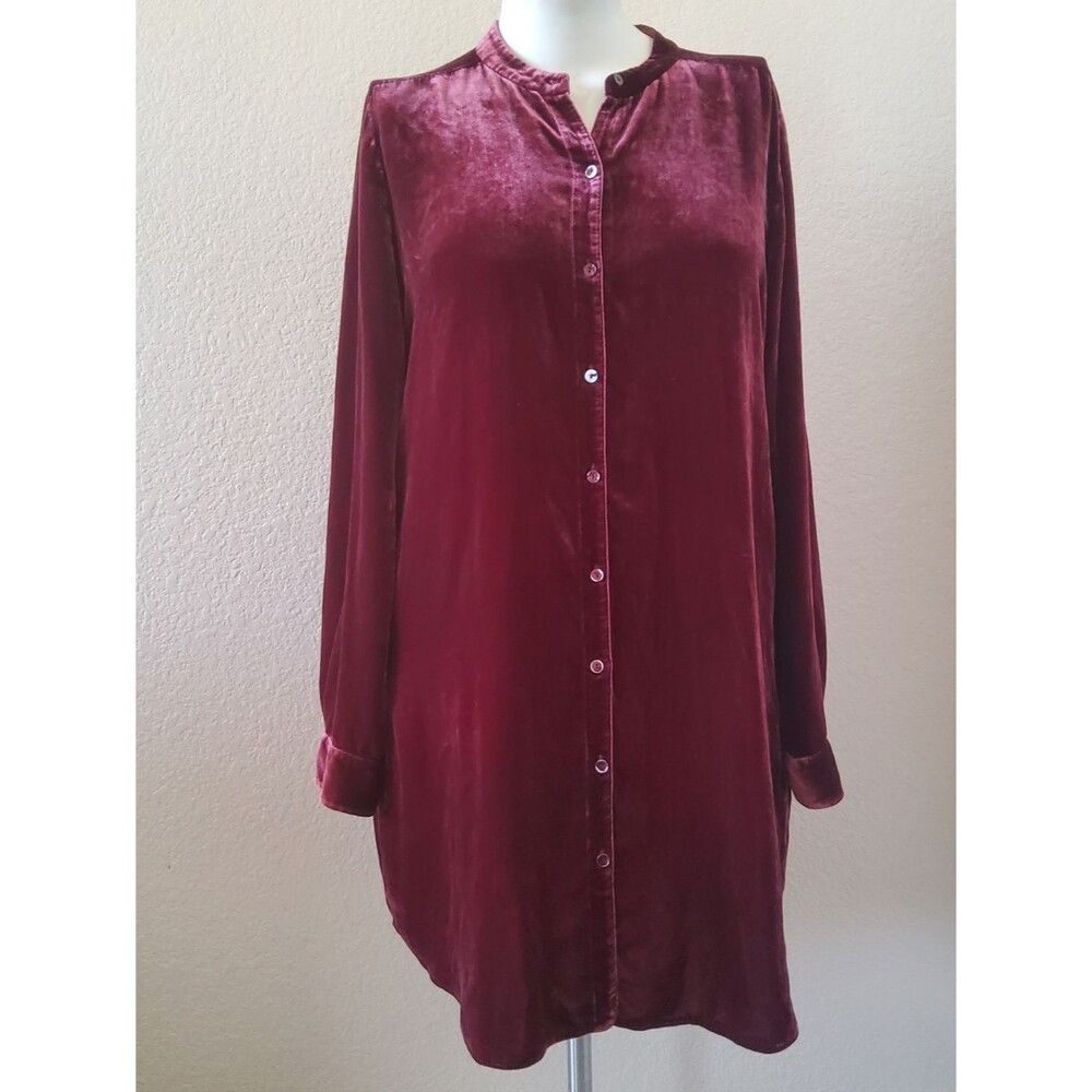 Eileen Fisher Silk Velvet Collarless Tunic Shirt Size L EUC